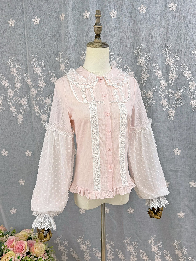 Cotton Blouse Lolita Jacquard Sleeves Long Pink