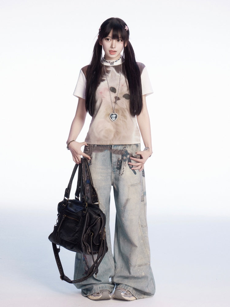 Weißes T-Shirt mit Rundhalsausschnitt und Vintage-Kätzchen-Print in schmaler Passform