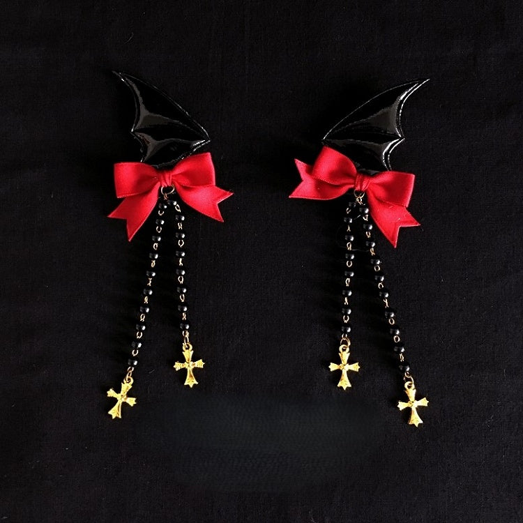Hairclips Wings Bat Bow with Black Tassel Accents