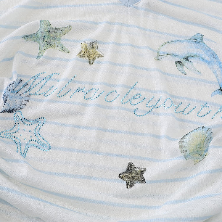 Print with Semi-Sheer Striped White Top Long-Sleeve Oceanic