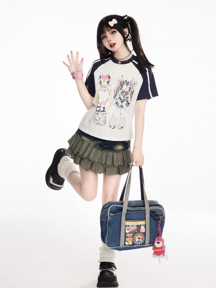 黒と白のデザインカラーブロックプリントTシャツアニメグラフィティ