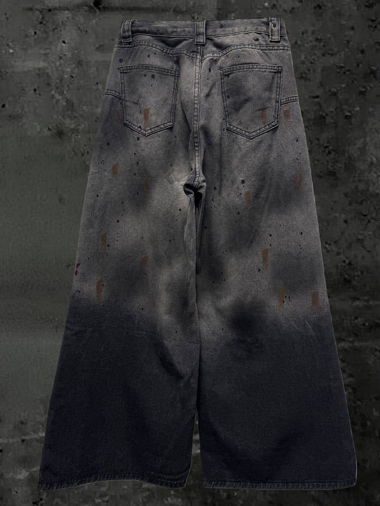 Wide-Leg Jeans with Wash Dark Punk Red Rock Gray Faded Cross and Accents Y2K