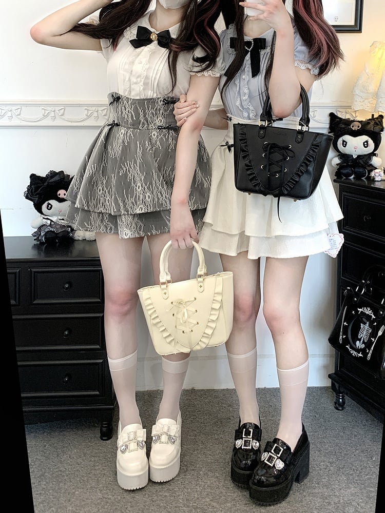 Kurzarmbluse Peter Pan Kragen Jirai Kei Schwarz/Pink/Blau/Weiß