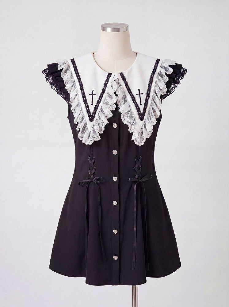 Black Jirai Kei Summer Two-Piece Set with Detachable White Cross Sailor Collar - DevilInspired Exclusive Collection