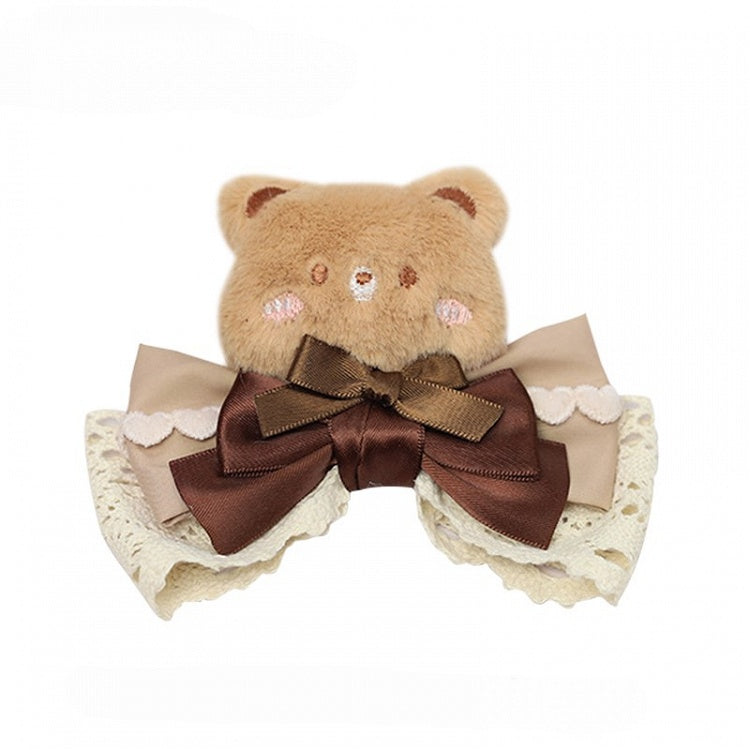Pink/Green/Brown Hairclip Bow Accent Lace Bear Lolita with
