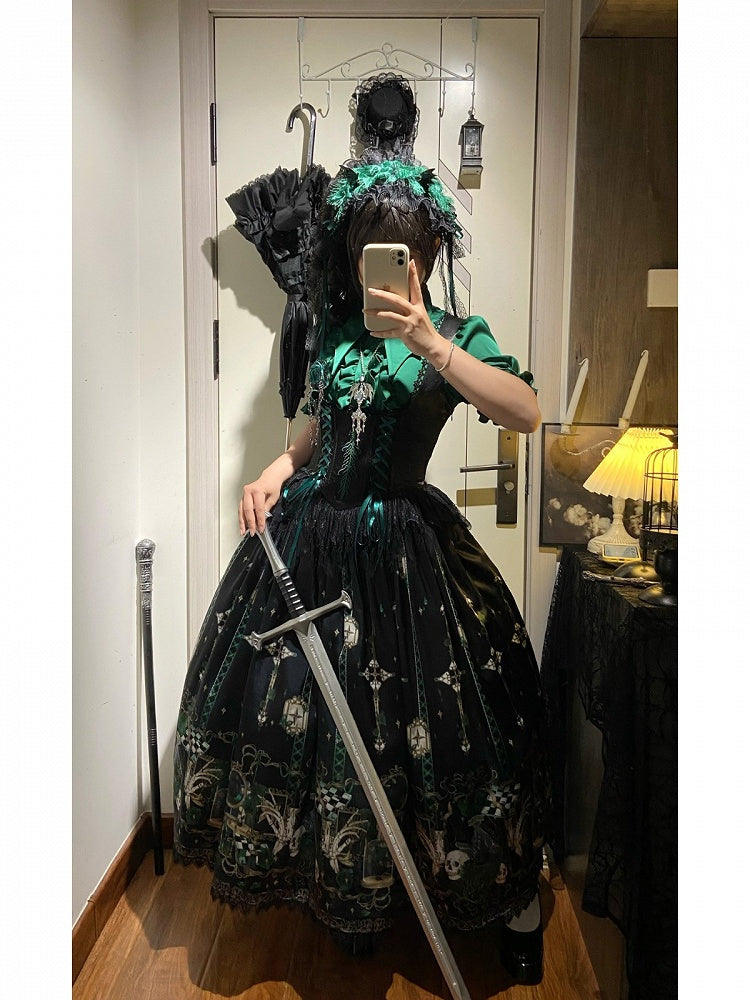 Green Rosette and Skull Print Gothic Lolita Corset Under Bust JSK Dress - Sweetheart Love Song