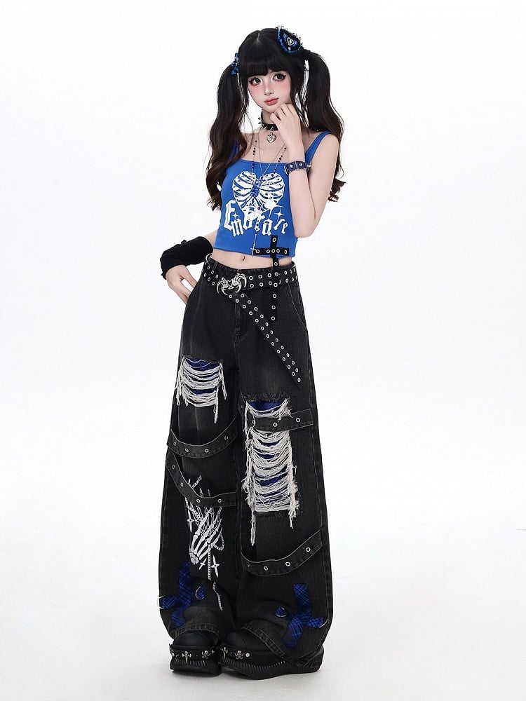 Dark Streetwear Blue and Black Ripped Flared Jeans with Skeleton Motif - CRAZY GIRL