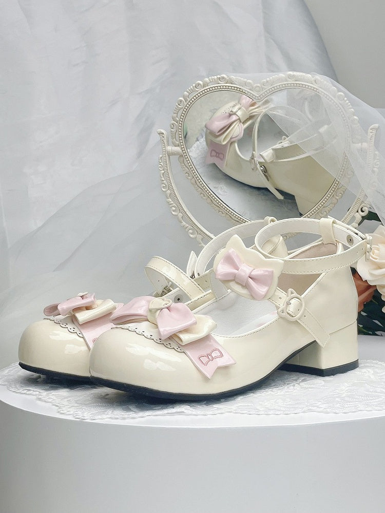 Apricot&Pink Bowknot Kitty-shaped Buckle Strap Block Heels Lolita Mary Janes