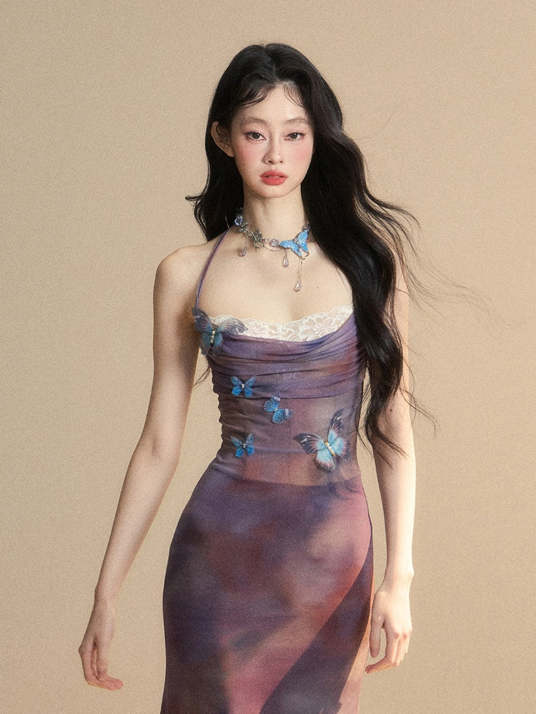 アクセントホルターパープルスリップドレスパッチバタフライレースネックグラマラス