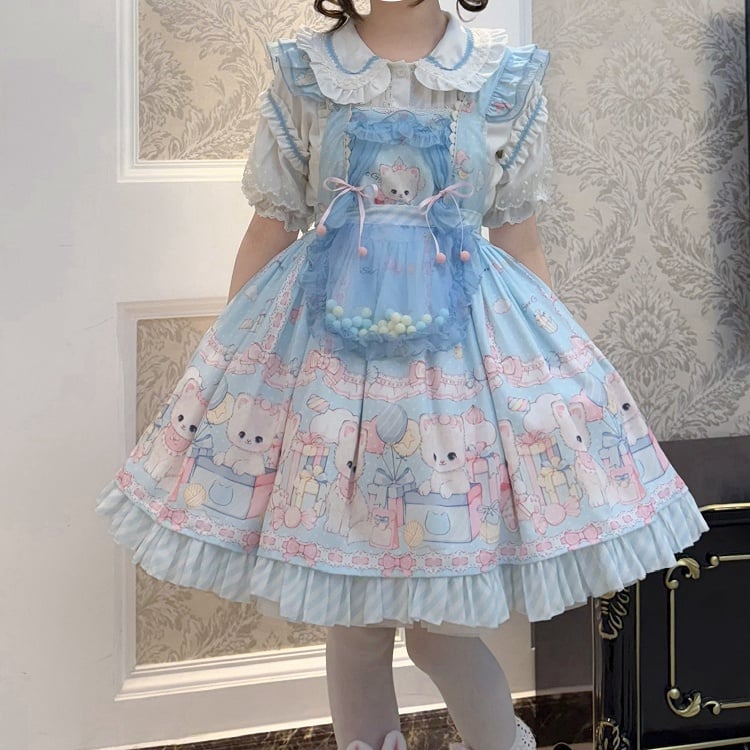 Blue Kitty and Polka Dots Pattern Sweet Lolita Overall Dress