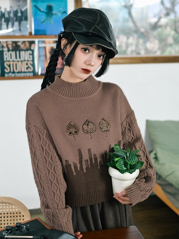 Leaf Sweater with Cheongsam Goth Brown Design Neck Mock Embroidery