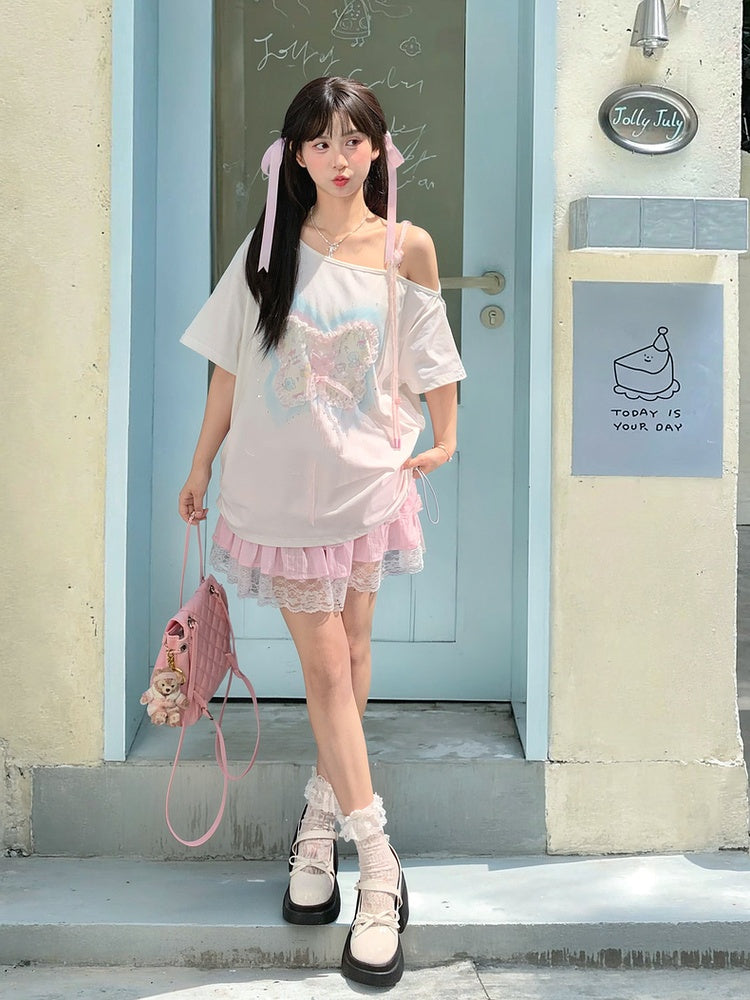 Sequins Decorated Lace-up White Asymmetrical Neckline T-shirt Detail Butterfly