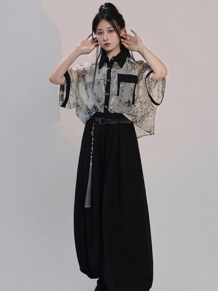 Beige Ink Wash Floral Short Sleeve Tencel Shirt and Camisole Set - Feng Hua Gui Guo Ling
