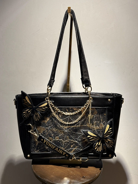 Gold Detachable Butterfly Spiderweb Detail Black Ita Shoulder Bag