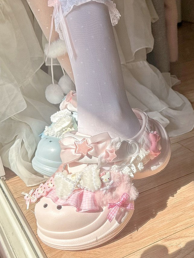Crocs-style Bow Accents Pink Sweet Lolita with Blue Clogs Star Decor Platform