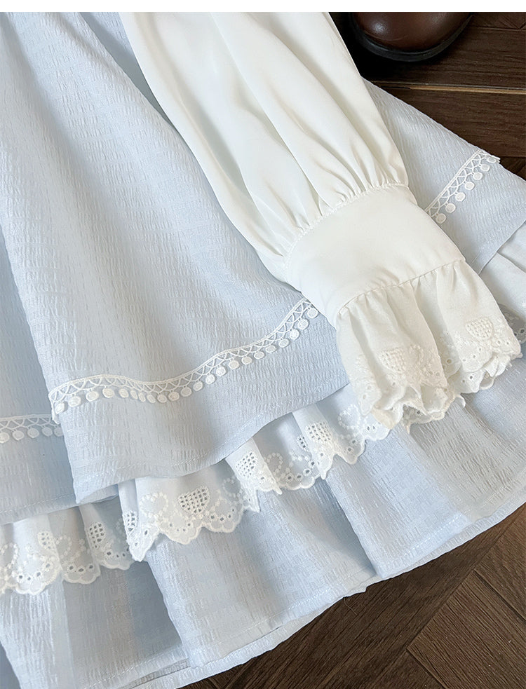 Tenshi Kaiwai Blaues Jirai-Kei-Kleid mit Peter-Pan-Kragen und gerüschtem Spitzenbesatz