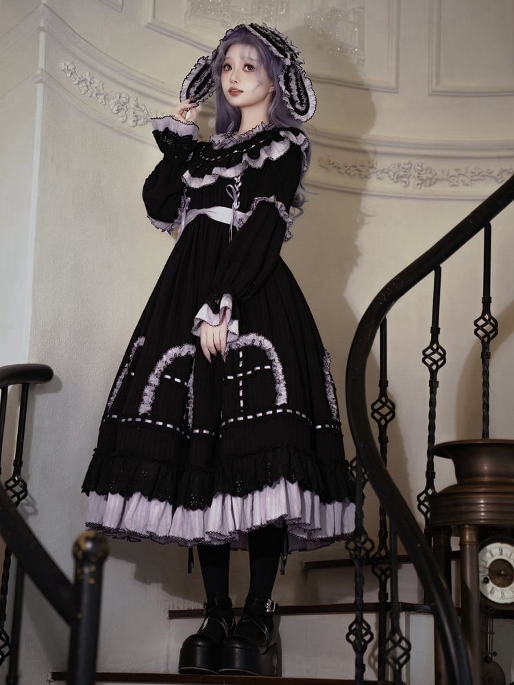 Purple Lolita Black Ruffle Gothic Dress Sleeves Sash Details Long and with Witchy