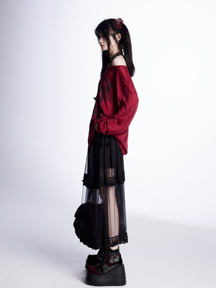 Graphic Vintage Coverup Red Semi-sheer Asymmetrical Neckline Sun Protection