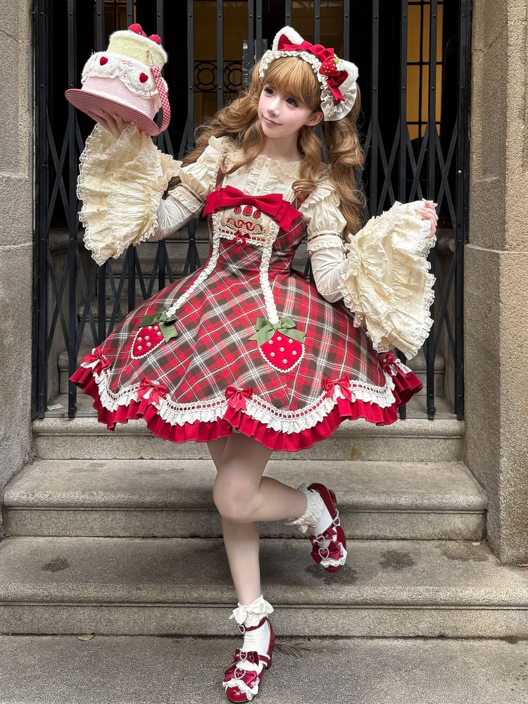 Lolita Plaid Strawberry Sweet Red Hem Scalloped Trim with Tartan Themed Dress Edge