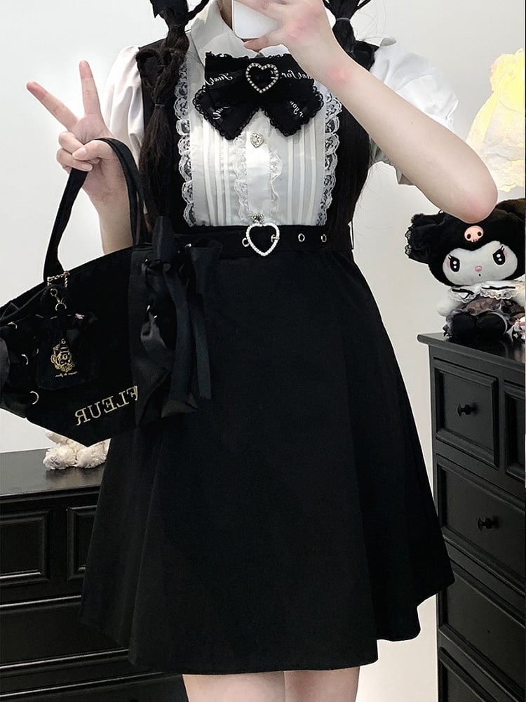 Detachable Black Overall Heart Bow Jirai White Buckle Dress Belt Colorblock Tie with Kei Faux