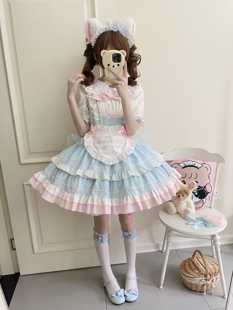 Blue JSK Sweet Bow / Apron Lolita Full Maid Ruffle Set Dress + Heart