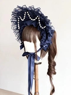 Blue Chain Accents) Lolita Sweet Pearl Bonnet (Lace Navy