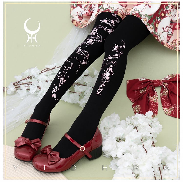 Schwarze Wa Lolita-Strumpfhose mit Sakura-Print