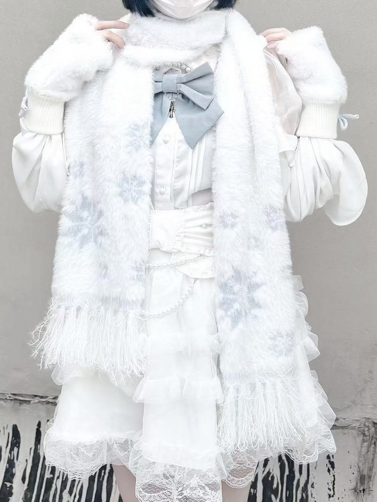 Snowflake Bead Accents Knit Fingerless Gloves with Silver Bowknot and White