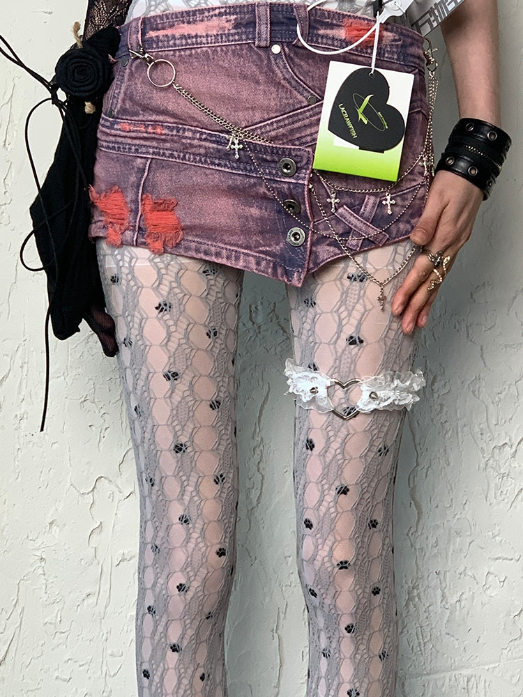 Cat Paw Tights Print Y2K White