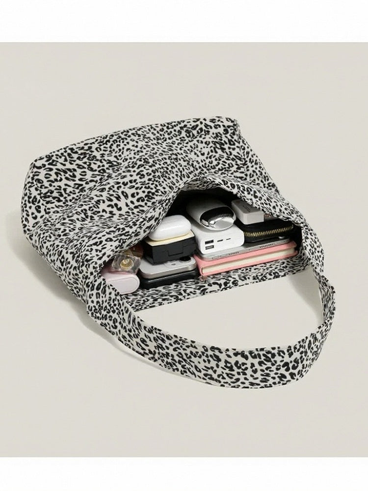 White Print Shoulder and Black Leopard Bag Canvas