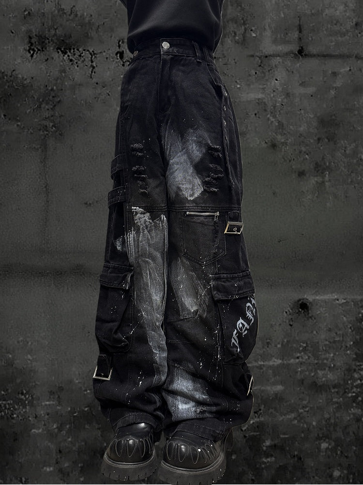 Design Cargo Black Pockets with Jeans Wide-leg Distressed