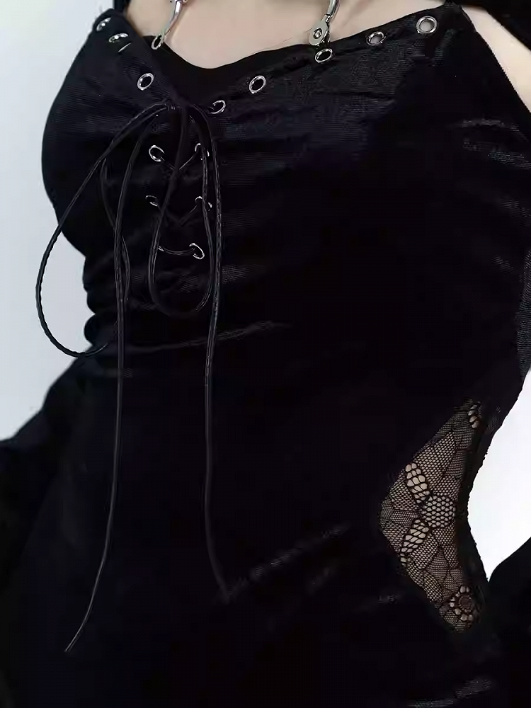 Gothic Black Velvet Side Slit Slip Dress with Bell Sleeves Hooded Top Set