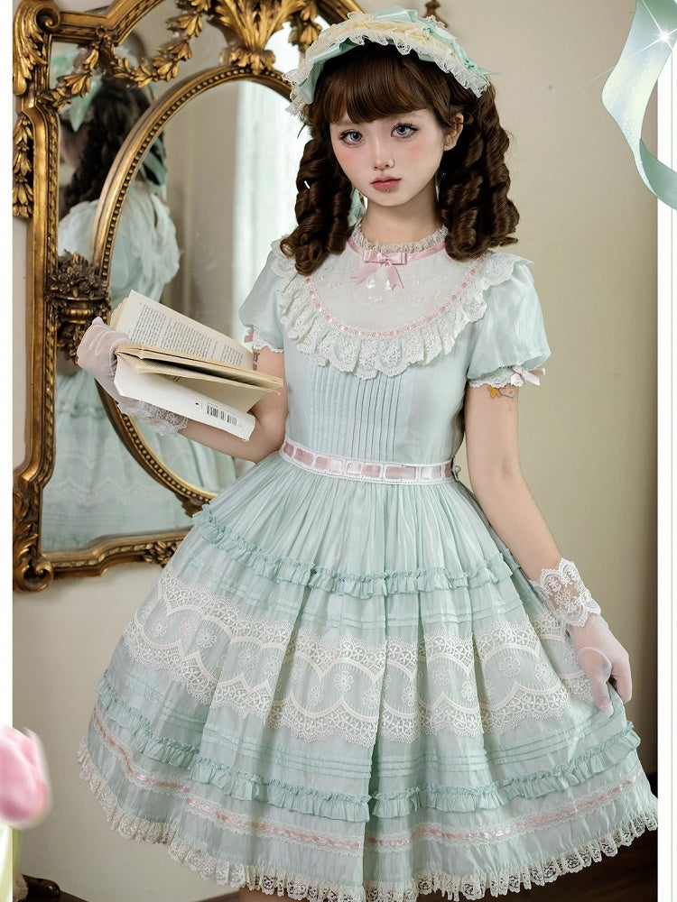 Short Mint Green Puff Sleeve Lace Trim Elegant Lolita Dress - Pumpkin Planet
