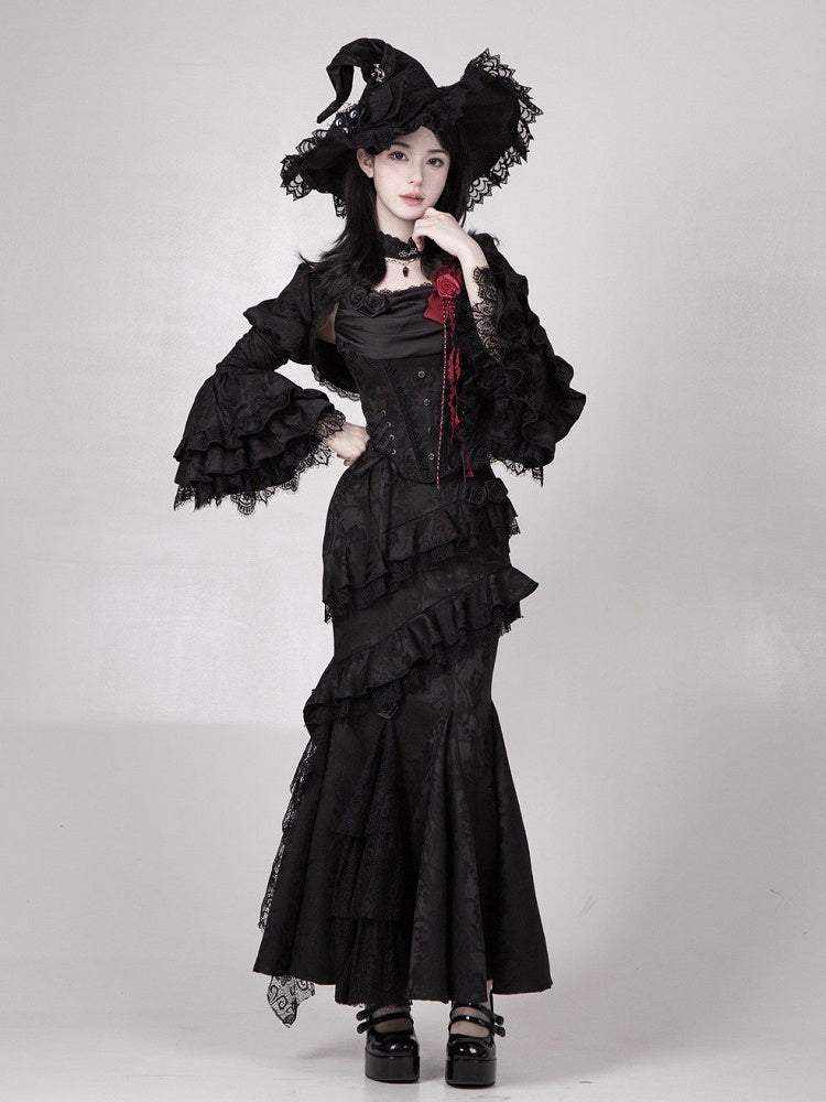 Schwarzer eleganter Gothic Lolita Meerjungfrauenrock mit Volantbesatz
