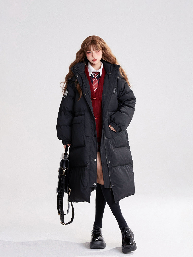 Mid-Length Preppy Mandarin Patches Black Coat Hooded with Badge Padded/Down Collar