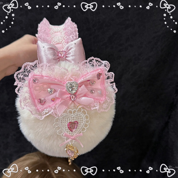 Earmuffs Bow with Texture Lace Gyaru Fashion Pink Hime Fuzzy