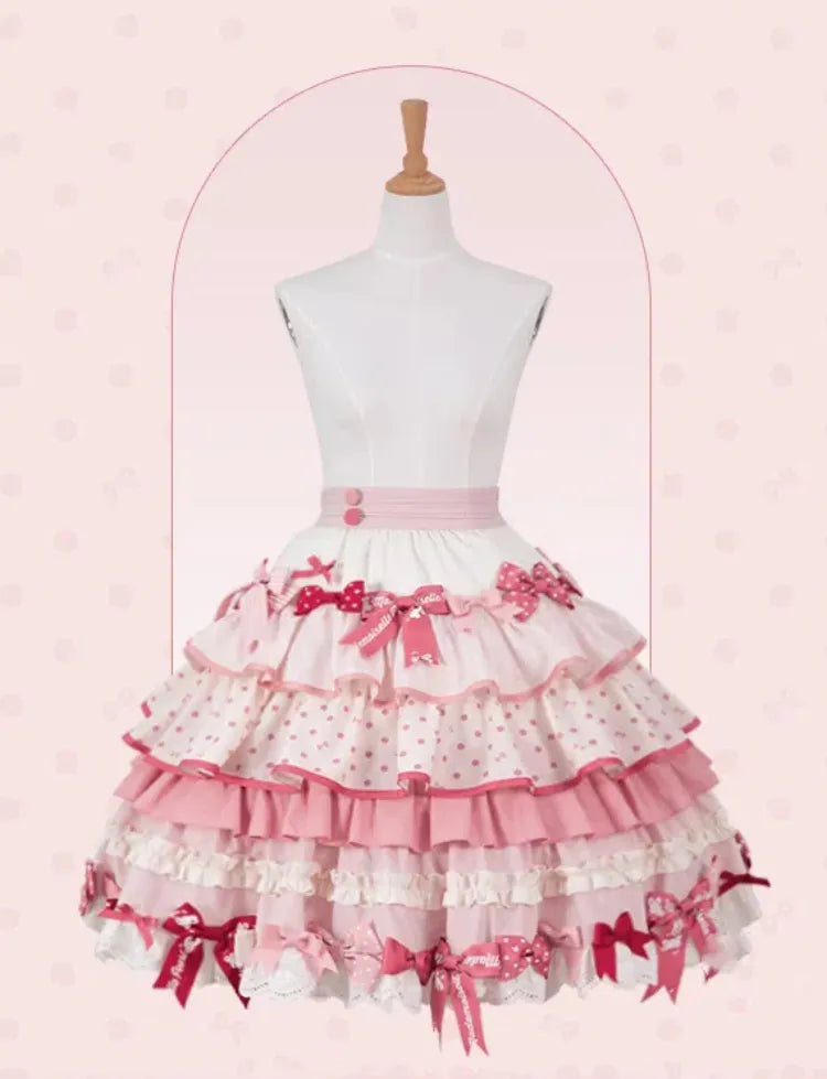 ロリータ スイート ピンク 水玉模様 ボウスカート フリル アクセント ティアード柄