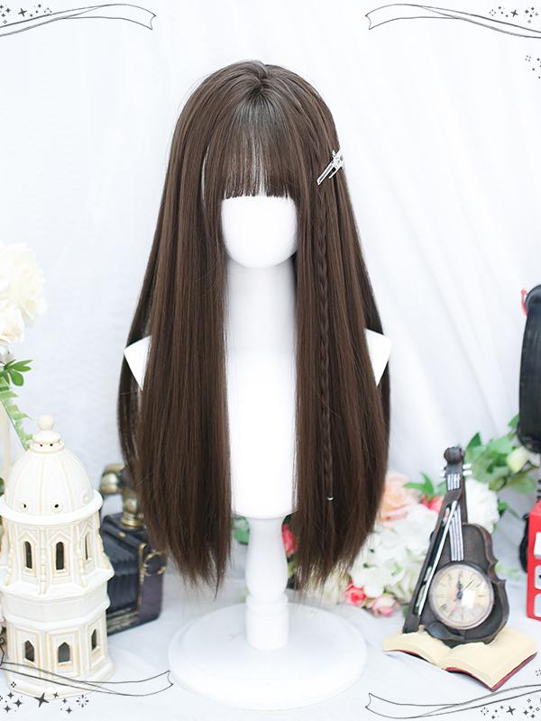 With Wig Air Straight Long Black/Brown Bangs