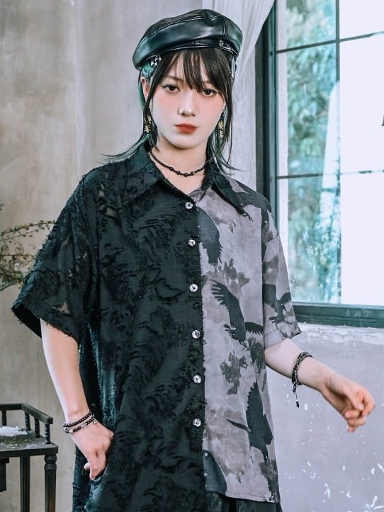 Gothic Crow-Print Asymmetric Shirt in Black & White - Quirky Hut
