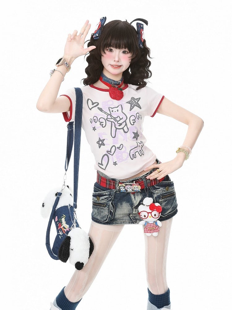 Pink Crew Neck Short Sleeve T-Shirt with Graffiti Prints - Languid Park