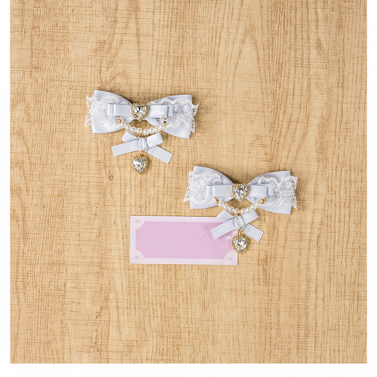 Jirai Kei Dusty Blue Bow Heart Beaded Chain Lolita Hairclip Charm