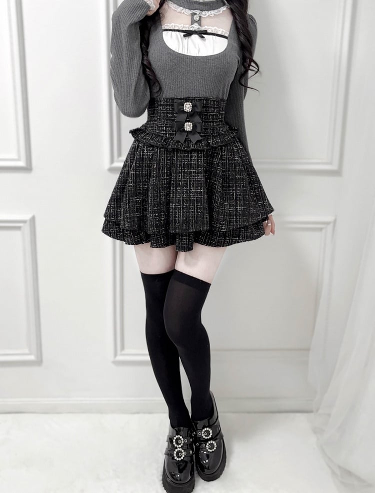 High-Waist Bows Tweed Match Kei Skirt: Black Detachable Jirai Mix with