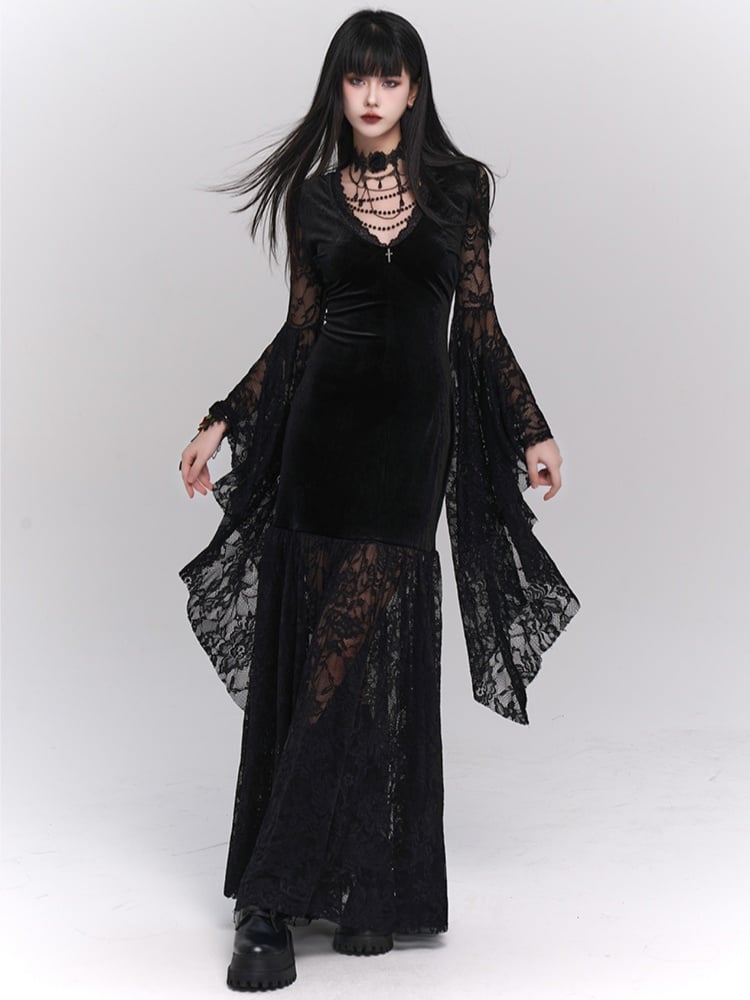 Gothic Black Velvet Bell Sleeves V-Neck Lace Dress