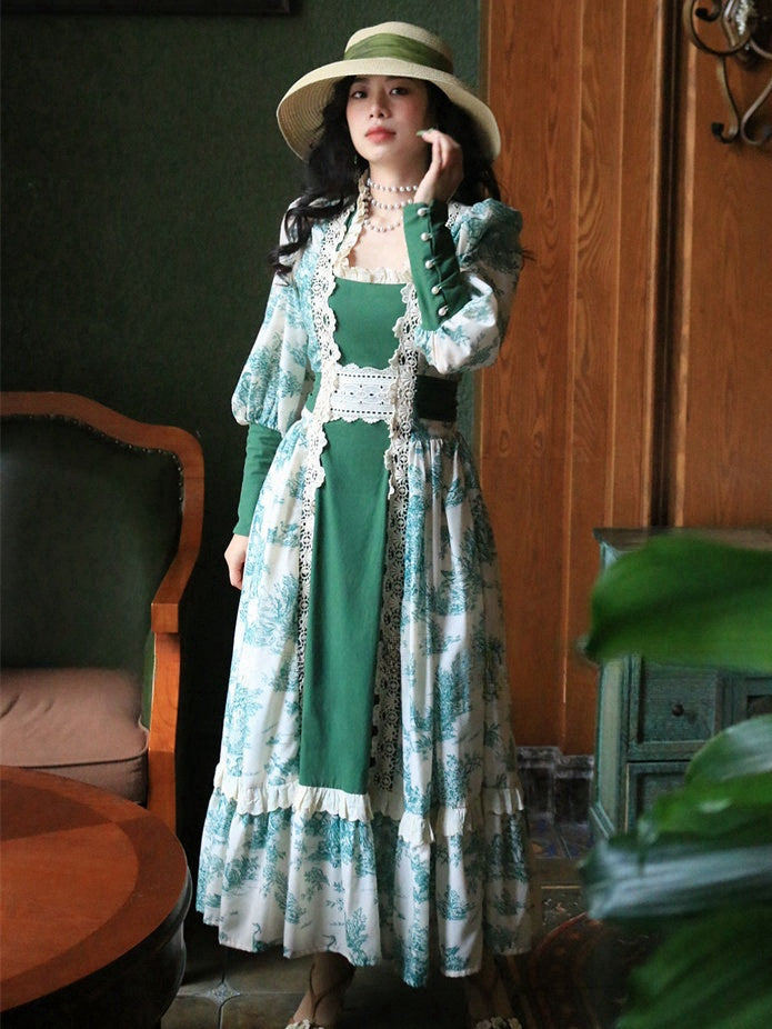 Dunkelgrünes Vintage-Kleid mit floralem Spitzenbesatz und quadratischem Ausschnitt und Hammelkeulenärmeln