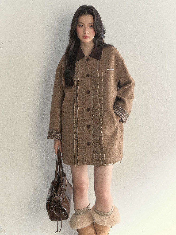 Brown Cuffs with Plaid Coat Sweet Details Ruched Houndstooth