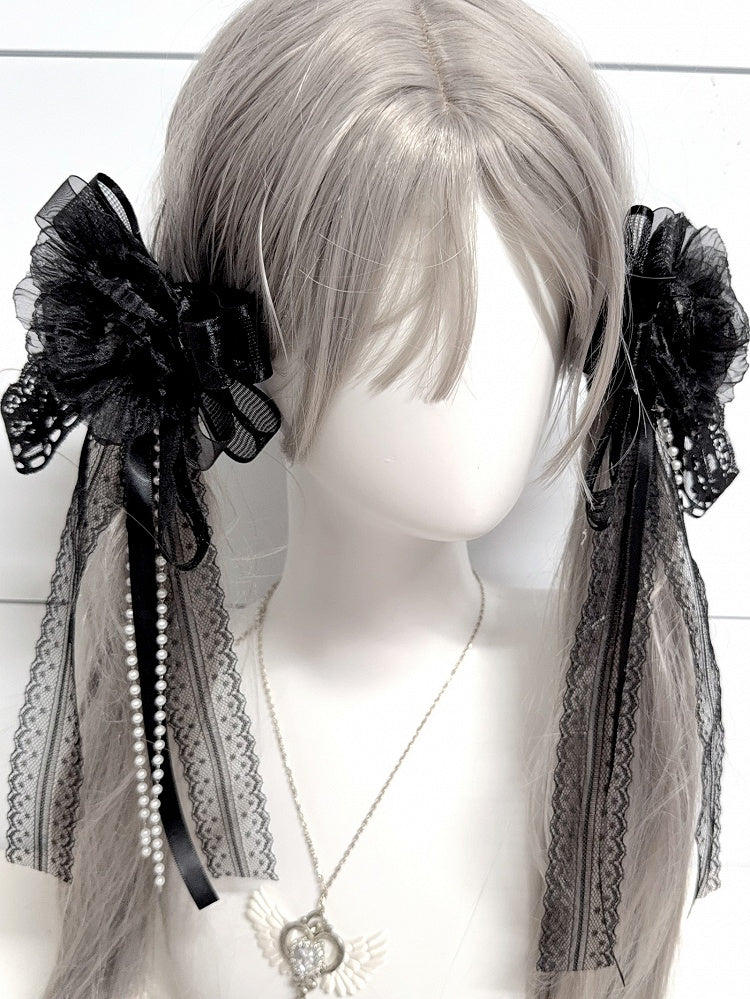 Schleife mit Anhänger, weiß/schwarzes Design, florale Perlen, Haarspange/Brosche