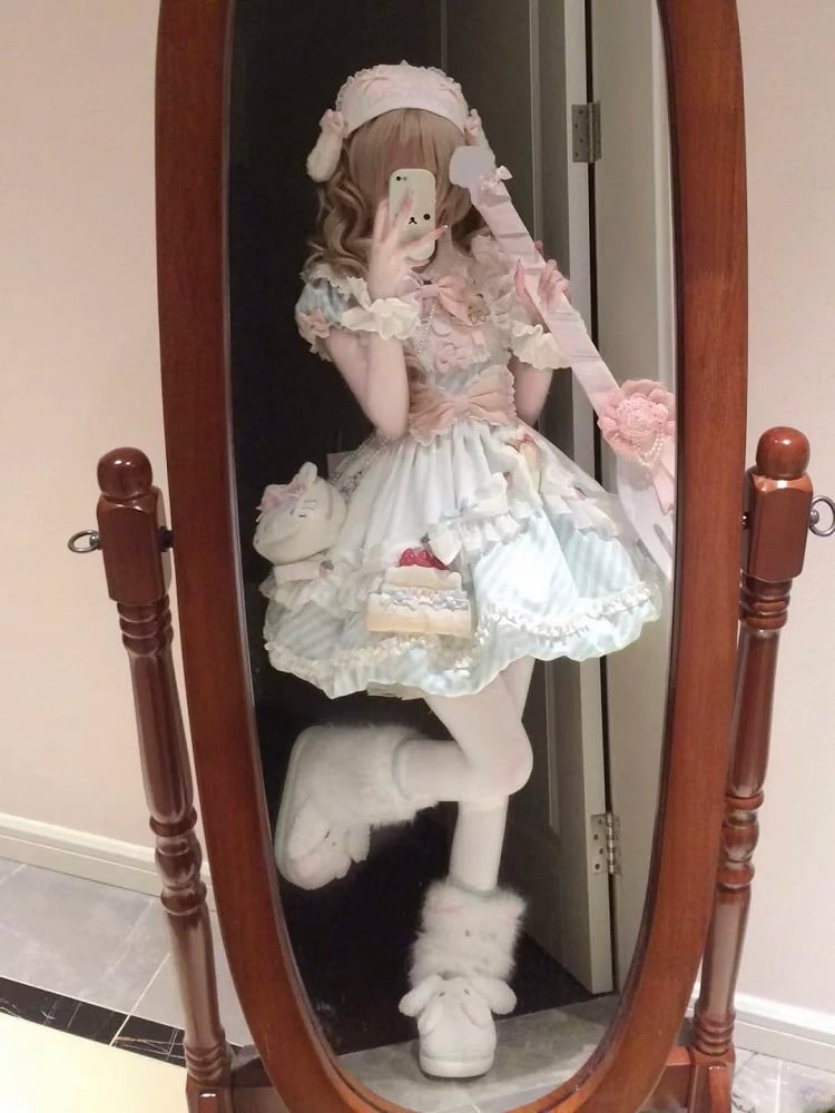 Lolita Cute Bubble Train Decor with Detachable and Cake Brooch Puppy Blue + Skirt Apron Sleeves Stripe Bow Dress OP