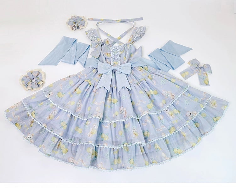 Skirt Bear High Print Blue Tiered Lolita Lemon Waist and Dress