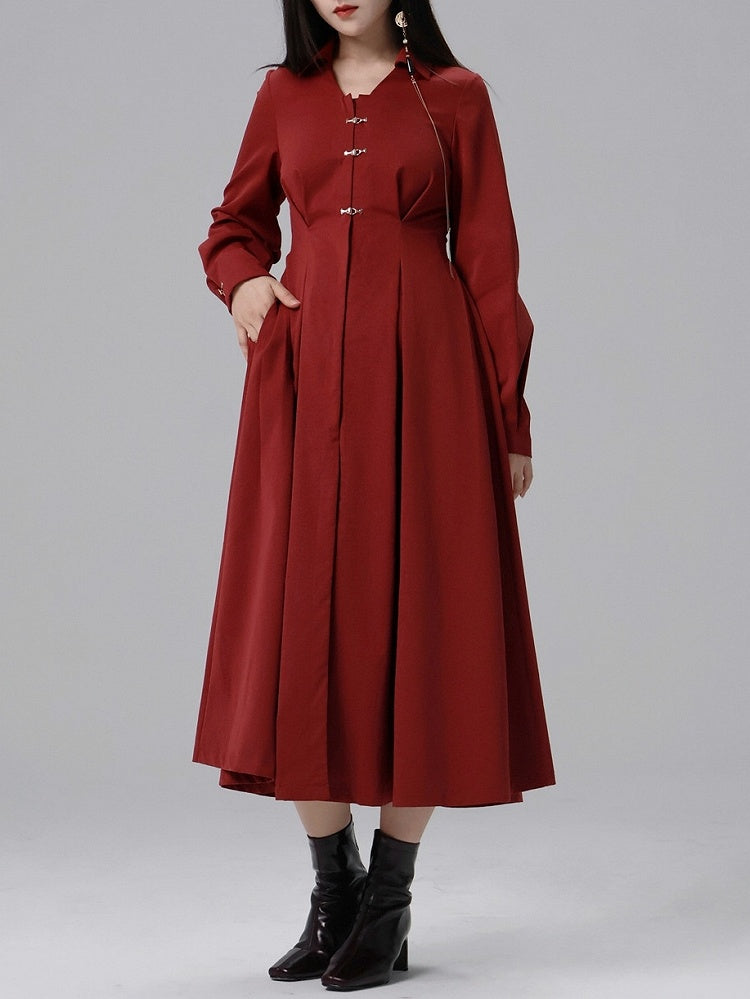 Box Snap Shirt Pleat Details Red Chinese with Closure Style Dress