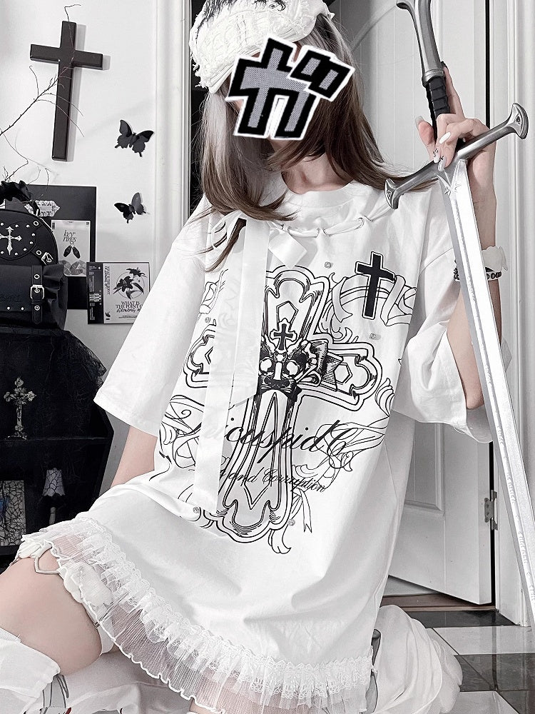 Black Bow Cotton PrintRibbon Cross T-Shirtwith Gothic White Neckline